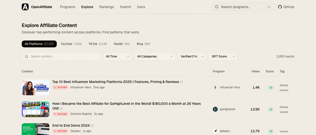 Explore page showing Verified (7+) content filtered by SIFT score